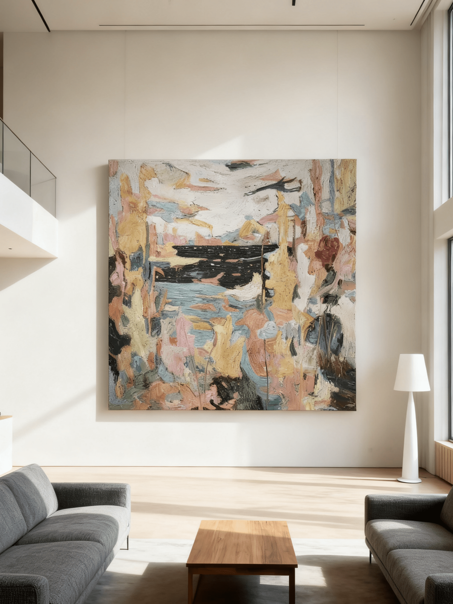 Close-up texture detail showing brushwork in abstract lakeside painting, hand-painted impasto technique