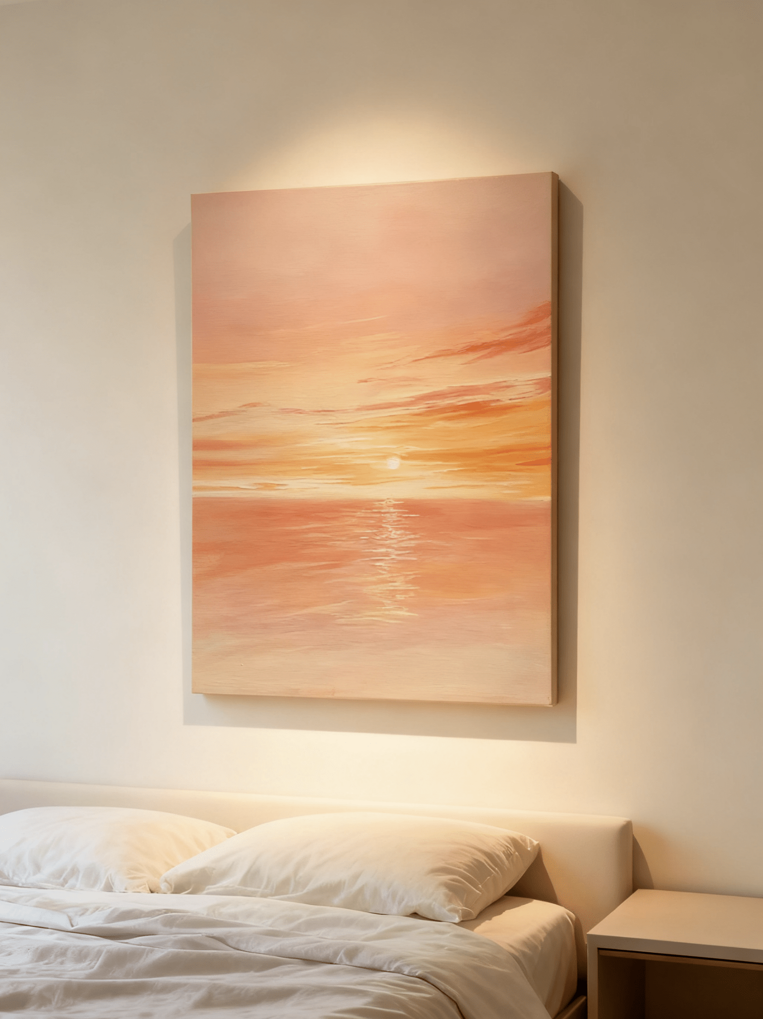 Sunset seascape painting displayed in modern living room, showing coastal wall art in home decor setting