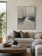 Modern textured landscape wall art with grey misty lake and neutral abstract details
