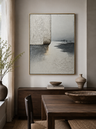 Textured grey lake painting with distant trees and quiet horizon by Evelyn Li