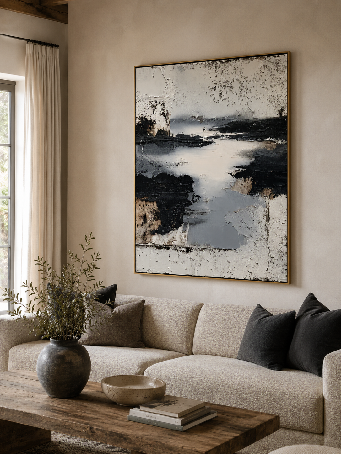 Wabi sabi textured landscape wall art with black, grey and white abstract horizon