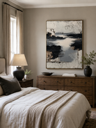 Modern black and white abstract wall art with raised texture and river landscape