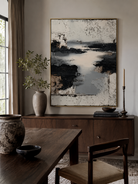 Neutral textured wall art with charcoal grey, warm white and abstract lake view