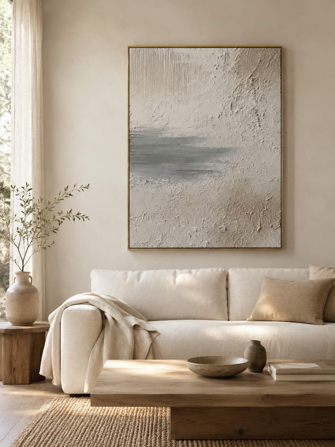 Minimalist textured wall art with beige plaster texture and soft grey horizontal detail