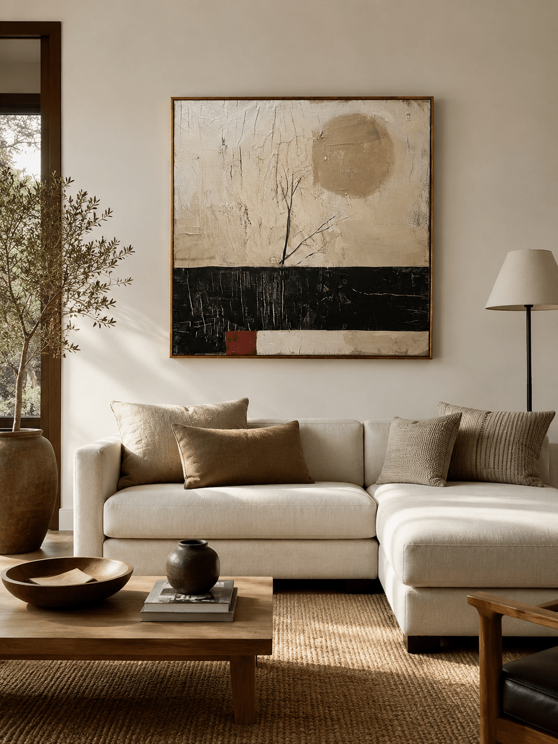 Neutral abstract wall art with black branch lines, moon-like circle and textured ivory background