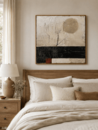 Minimalist wabi sabi canvas painting with beige, black and terracotta abstract details
