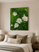 Hand painted white blossom canvas with 3D impasto texture and green leaves