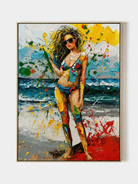 Hand painted colorful beach wall art of a woman in sunglasses by the ocean with bold impasto texture by Eleanor Hayes