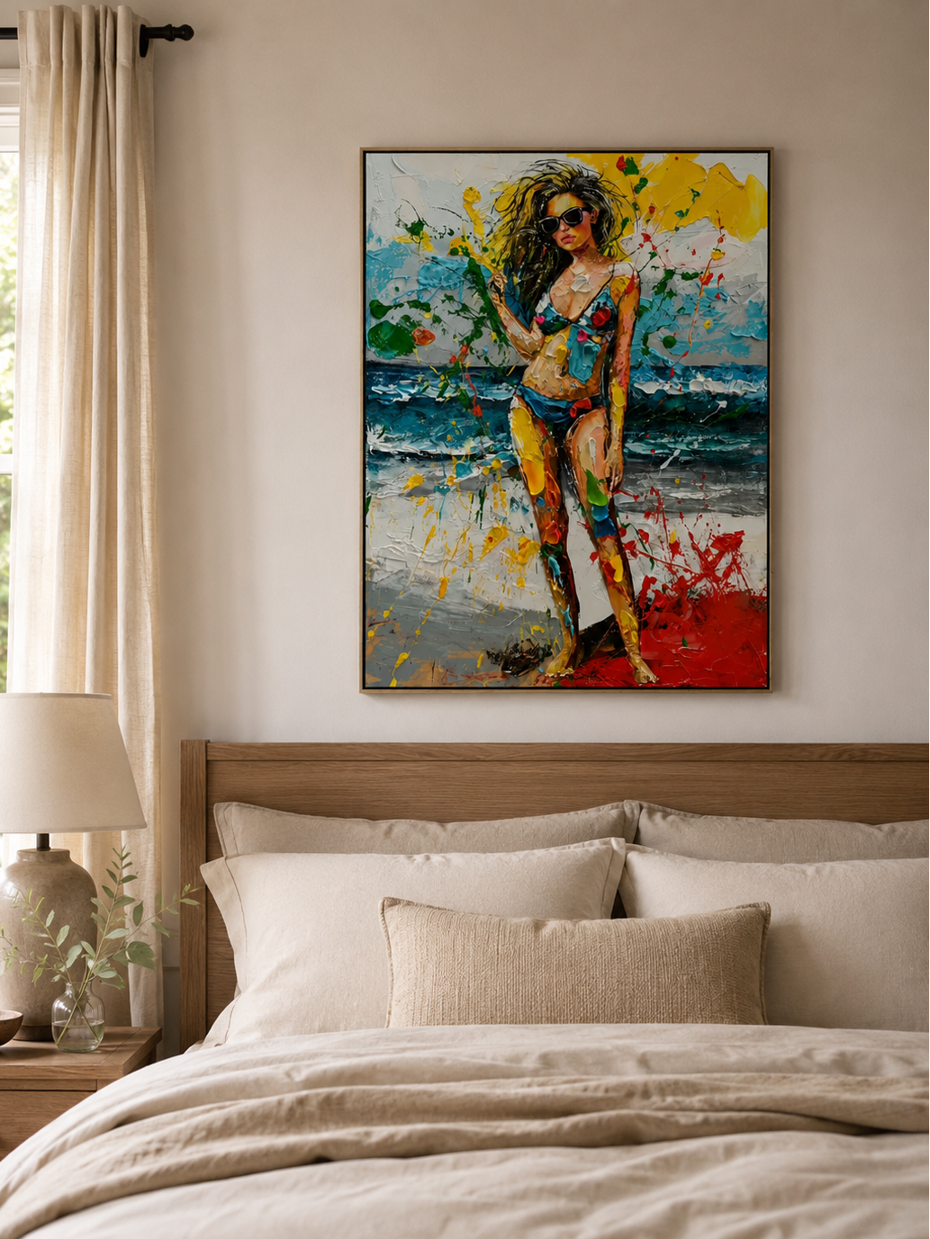 Colorful coastal figurative wall art with textured beach scene and summer style