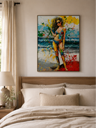 Colorful coastal figurative wall art with textured beach scene and summer style
