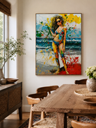 Hand painted beach woman canvas with yellow, red, blue and green impasto details