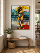 Vibrant summer wall art with female figure, ocean background and palette knife texture