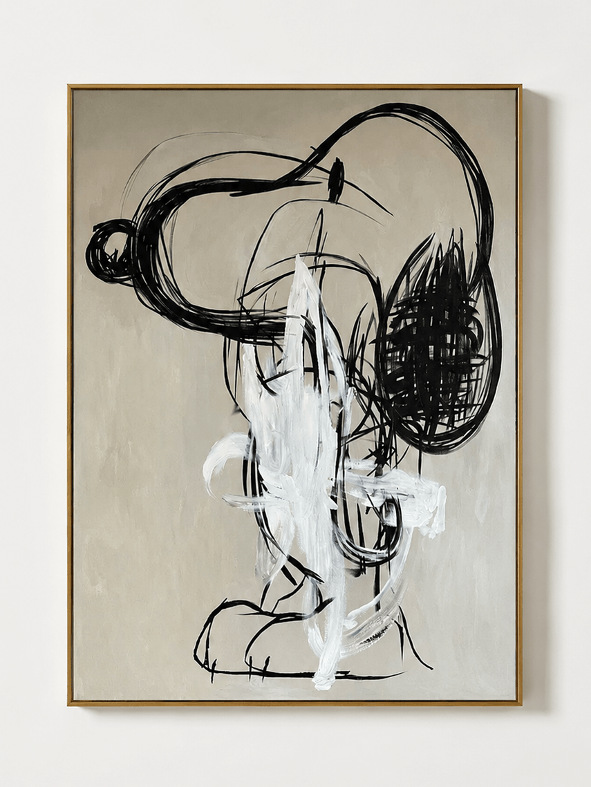 Hand-painted abstract mouse portrait in black, white and beige graffiti linework by Kaelan Slate