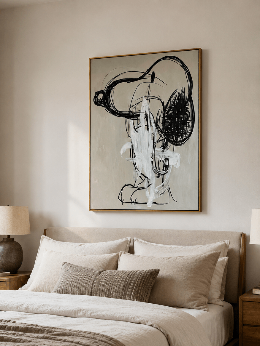 Neo-expressionist mouse wall art with beige background and white brushwork