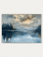abstract landscape wall art with a misty blue lake, mountain reflections, pine forest silhouettes.