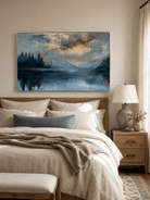 Hand-painted horizontal lake wall art with blue reflections and pine trees
