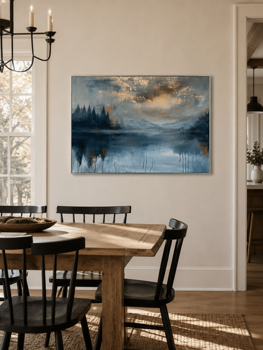 Contemporary abstract nature wall art in calming blue and gold tones EL#0300 — styled display view 3.