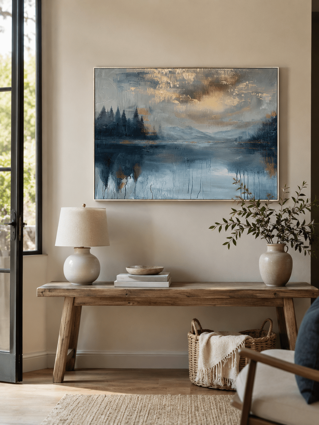 Contemporary abstract nature wall art in calming blue and gold tones EL#0300 — styled display view 4.