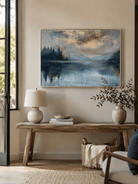 Contemporary abstract nature wall art in calming blue and gold tones EL#0300 — styled display view 4.