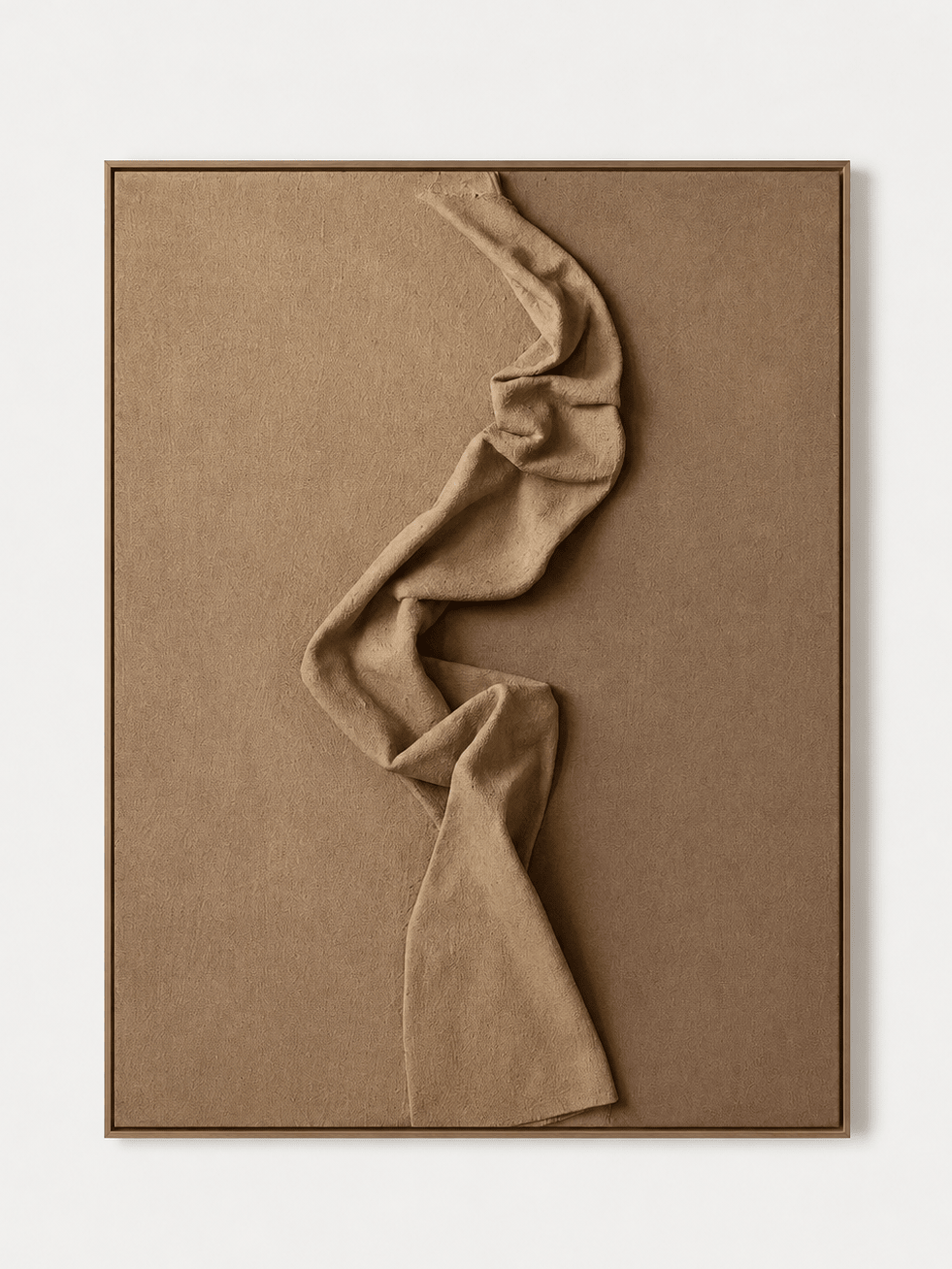 Neutral 3D sculptural wall art with fabric-inspired folds in warm taupe and camel brown by Leo Liang