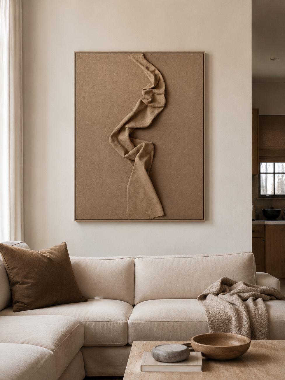 Modern textured relief wall art with flowing monochrome earth-tone folds