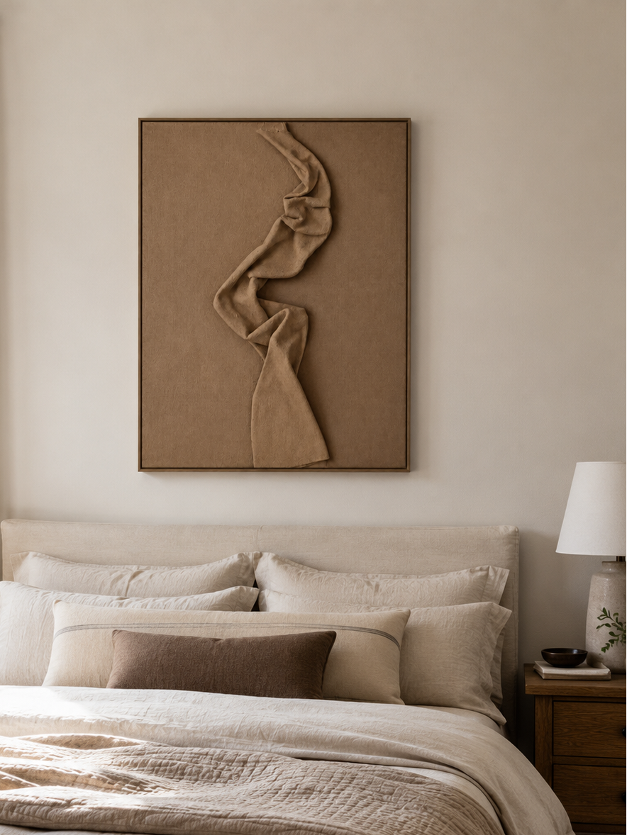 Fabric-inspired sculptural artwork in taupe, sand, and warm brown