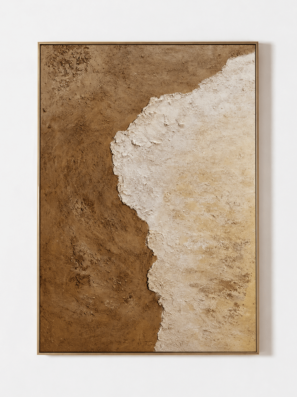 Hand-painted brown and ivory textured abstract wall art with an organic wabi-sabi divide by Leo Liang