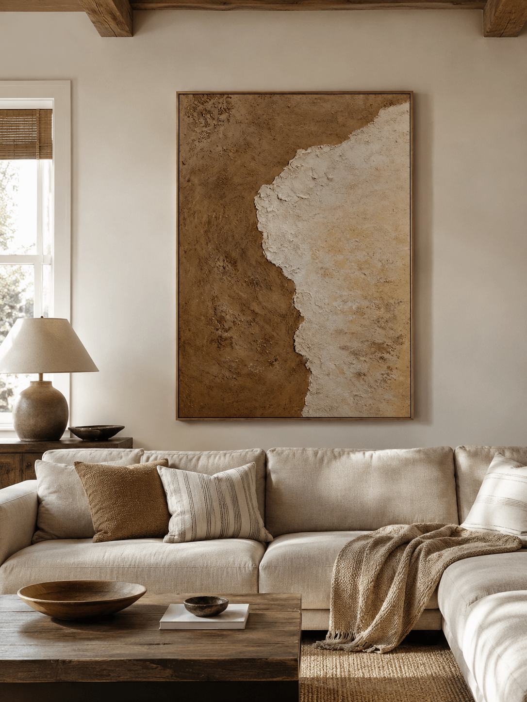 Brown beige textured wall art with an irregular ivory organic edge