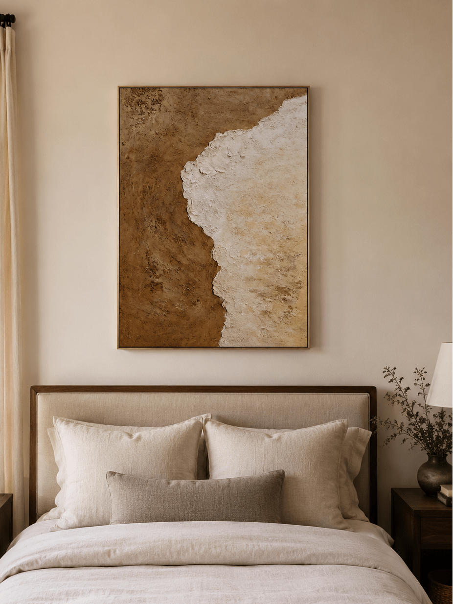 Modern wabi-sabi abstract canvas in warm brown, cream, and taupe