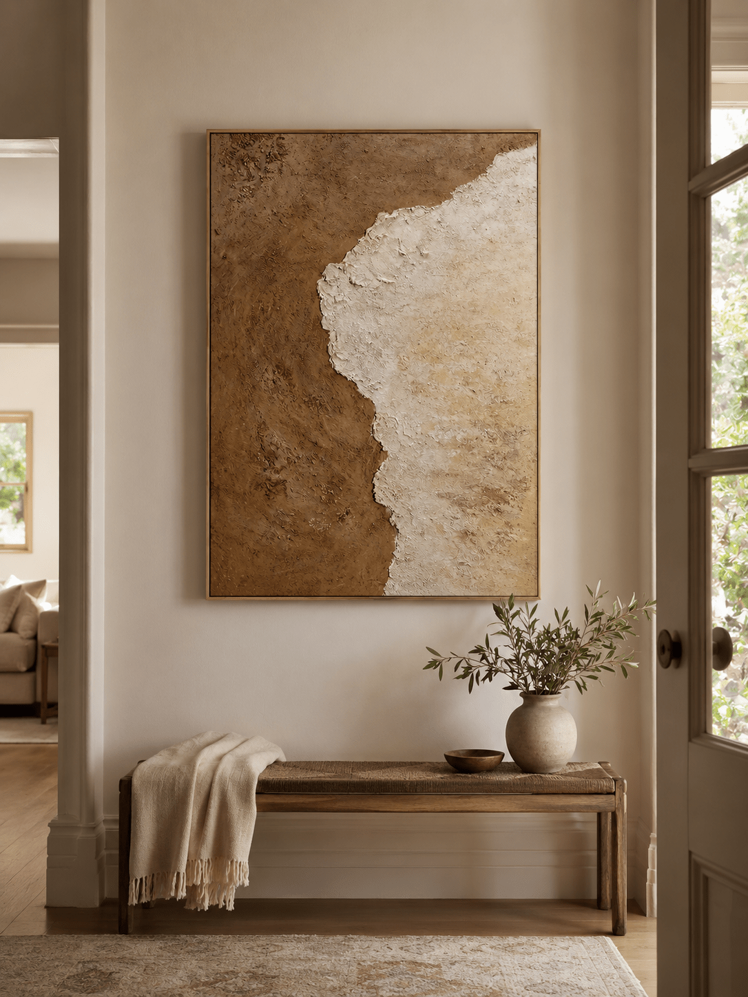 Vertical neutral textured painting with brown and ivory color fields