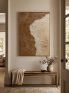 Vertical neutral textured painting with brown and ivory color fields