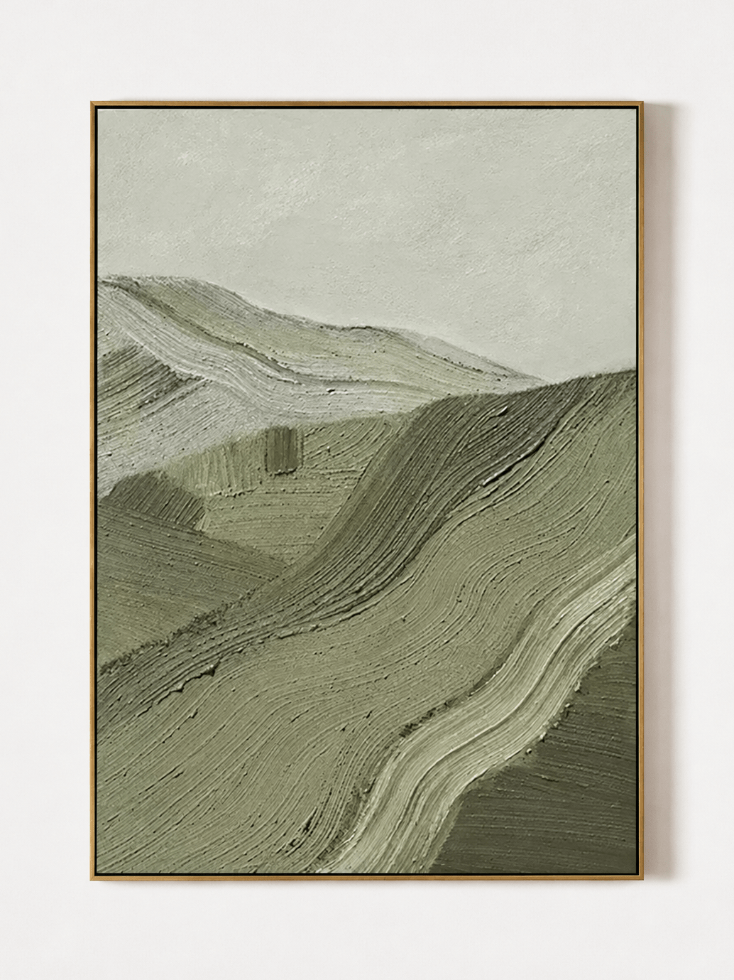 Hand-painted sage green landscape wall art with layered impasto hills by Evelyn Li