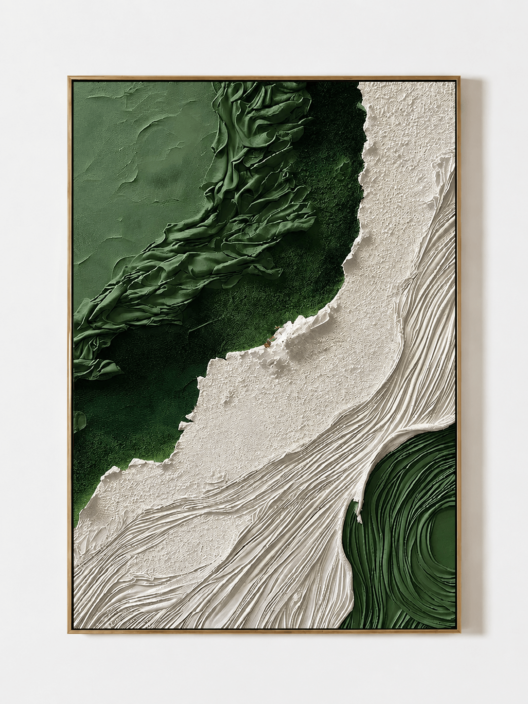 Hand-painted green and white 3D textured abstract wall art with flowing organic forms by Leo Liang