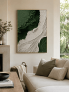 Forest green textured wall art in an organic modern living room