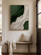 Vertical green and white abstract canvas with spiral relief details