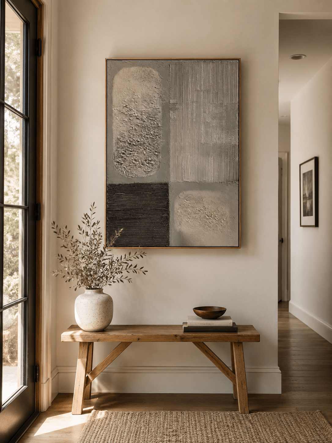 3D textured wall decor with ivory and charcoal accents