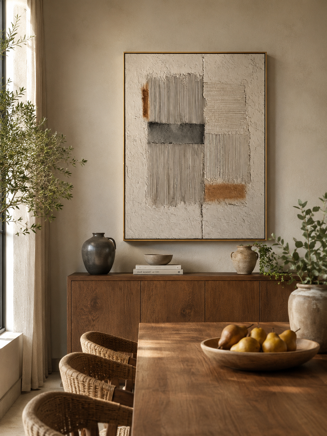 Japandi style textured wall art with minimalist geometric composition