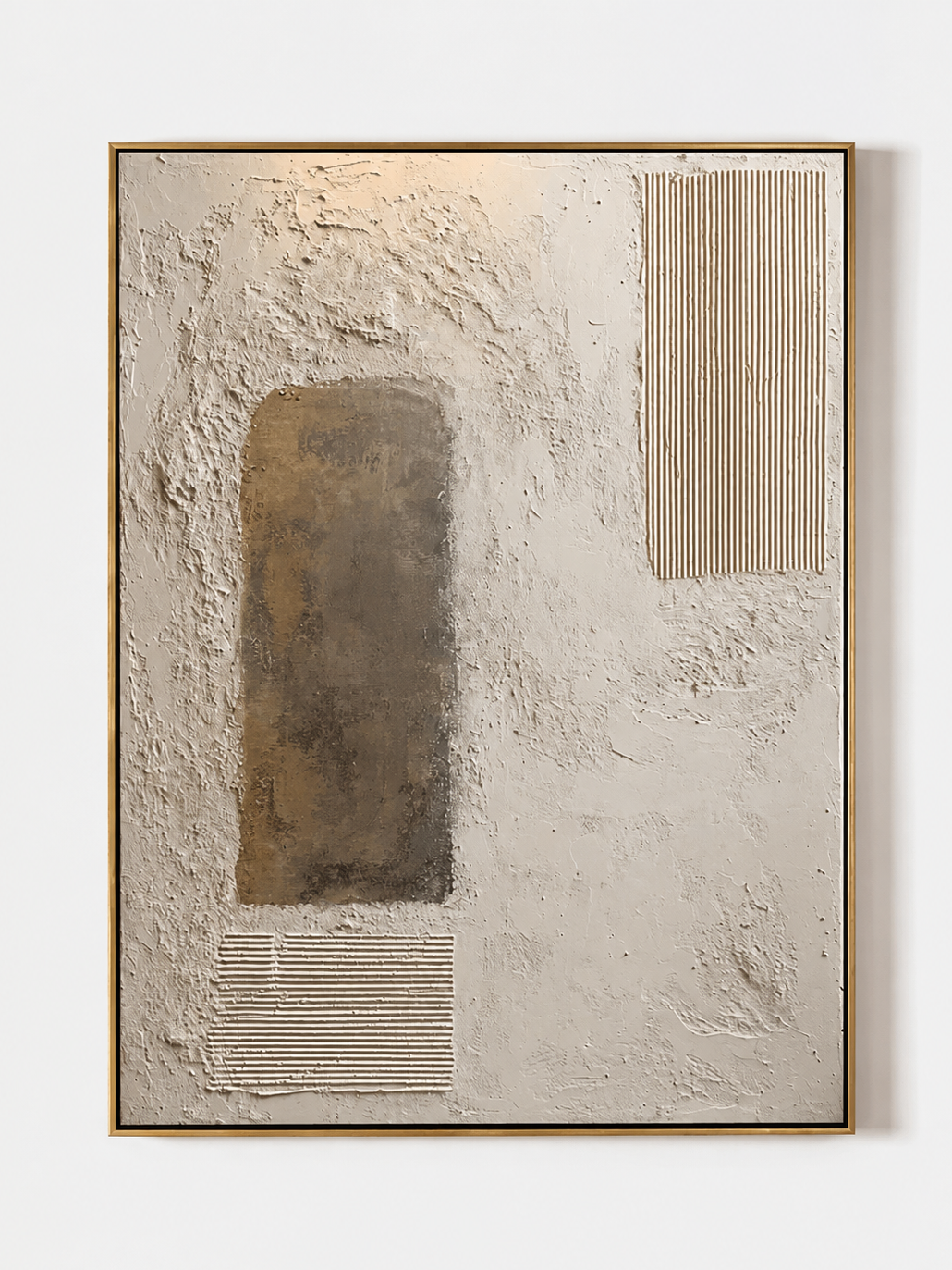 Hand painted wabi sabi textured geometric wall art with neutral earthen arch and raised line texture by Eliot Vermeer