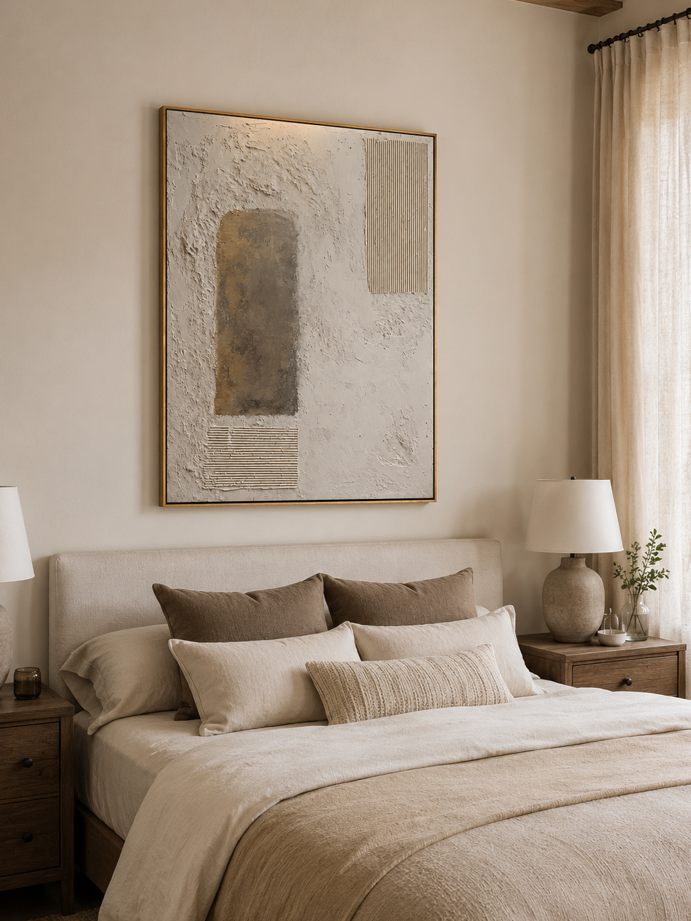 Neutral wabi sabi wall art with raised ribbed lines and organic plaster surface