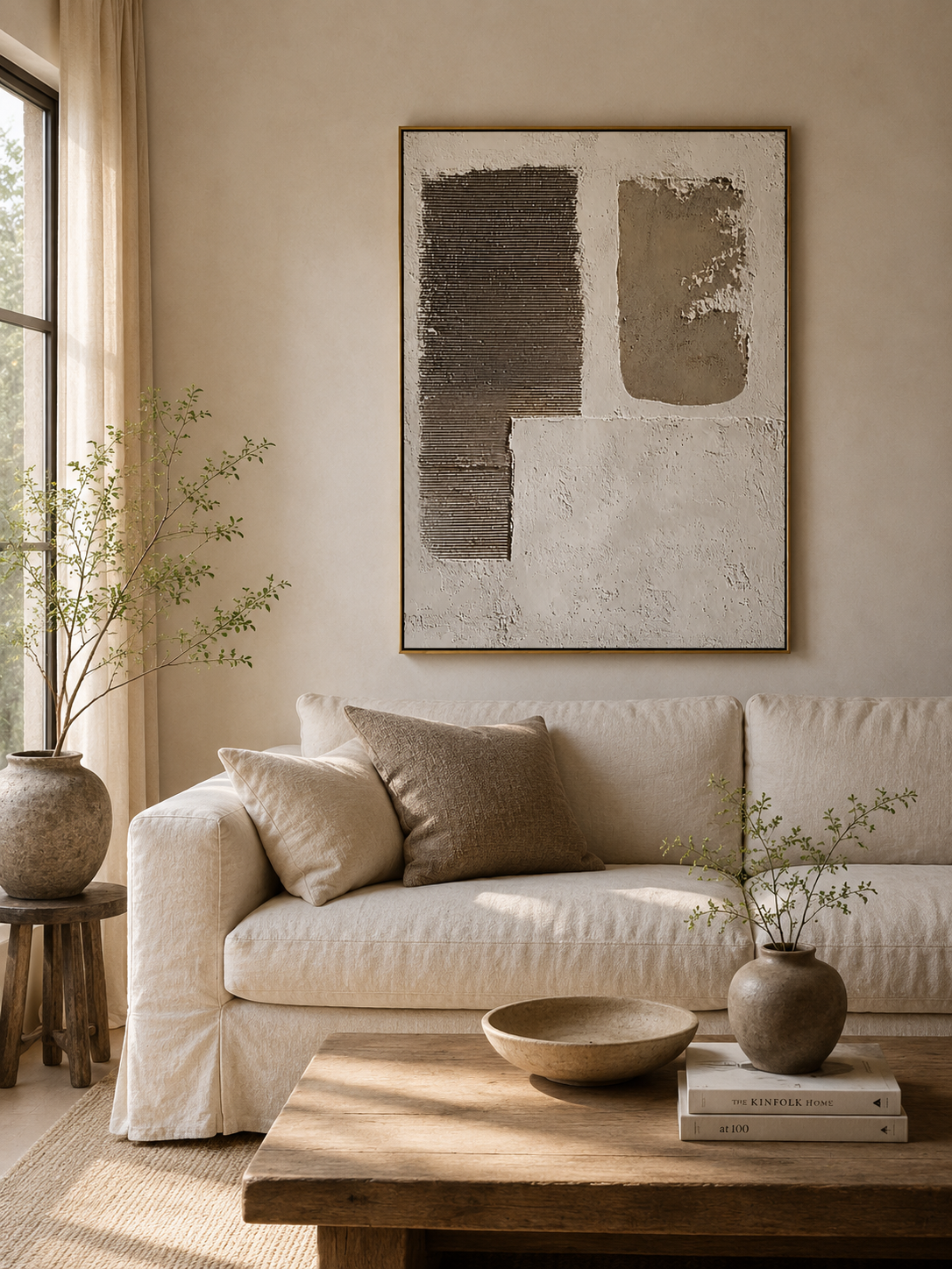Modern textured geometric wall art with beige plaster surface and dark taupe ribbed forms