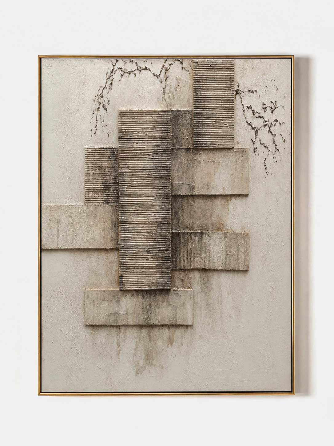 Hand painted textured geometric wall art with neutral architectural stone layers and raised 3D texture by Eliot Vermeer
