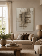 Modern textured geometric wall art with beige, taupe and grey architectural layers
