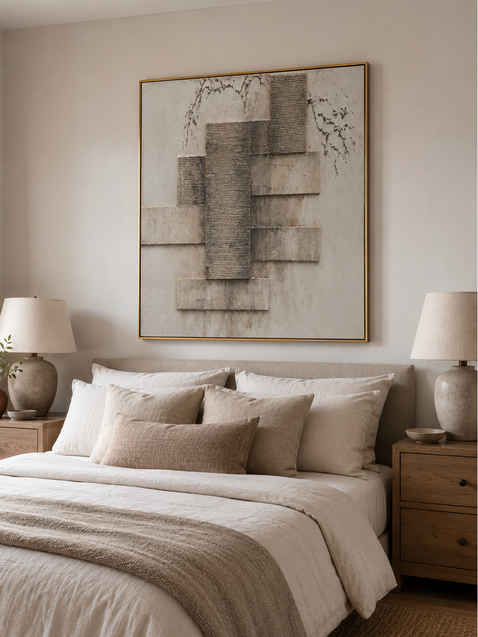 Wabi sabi neutral wall art with raised ribbed texture and layered plaster forms