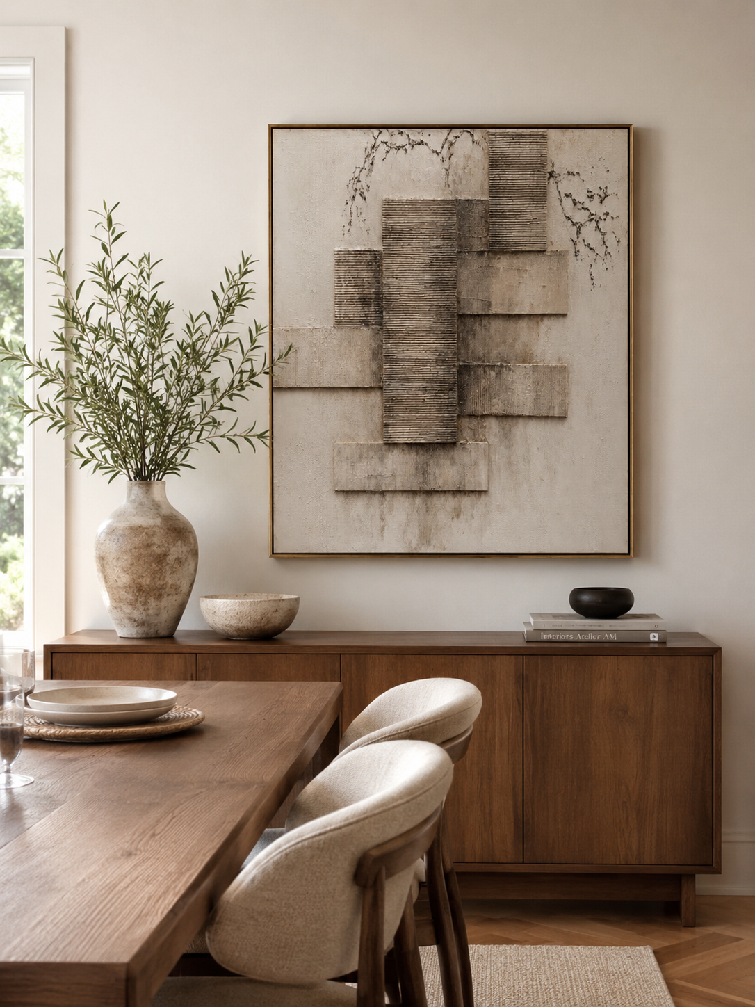 Japandi style textured wall art with minimalist geometric stone layer composition