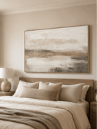 Horizontal abstract landscape painting with ivory and taupe impasto texture