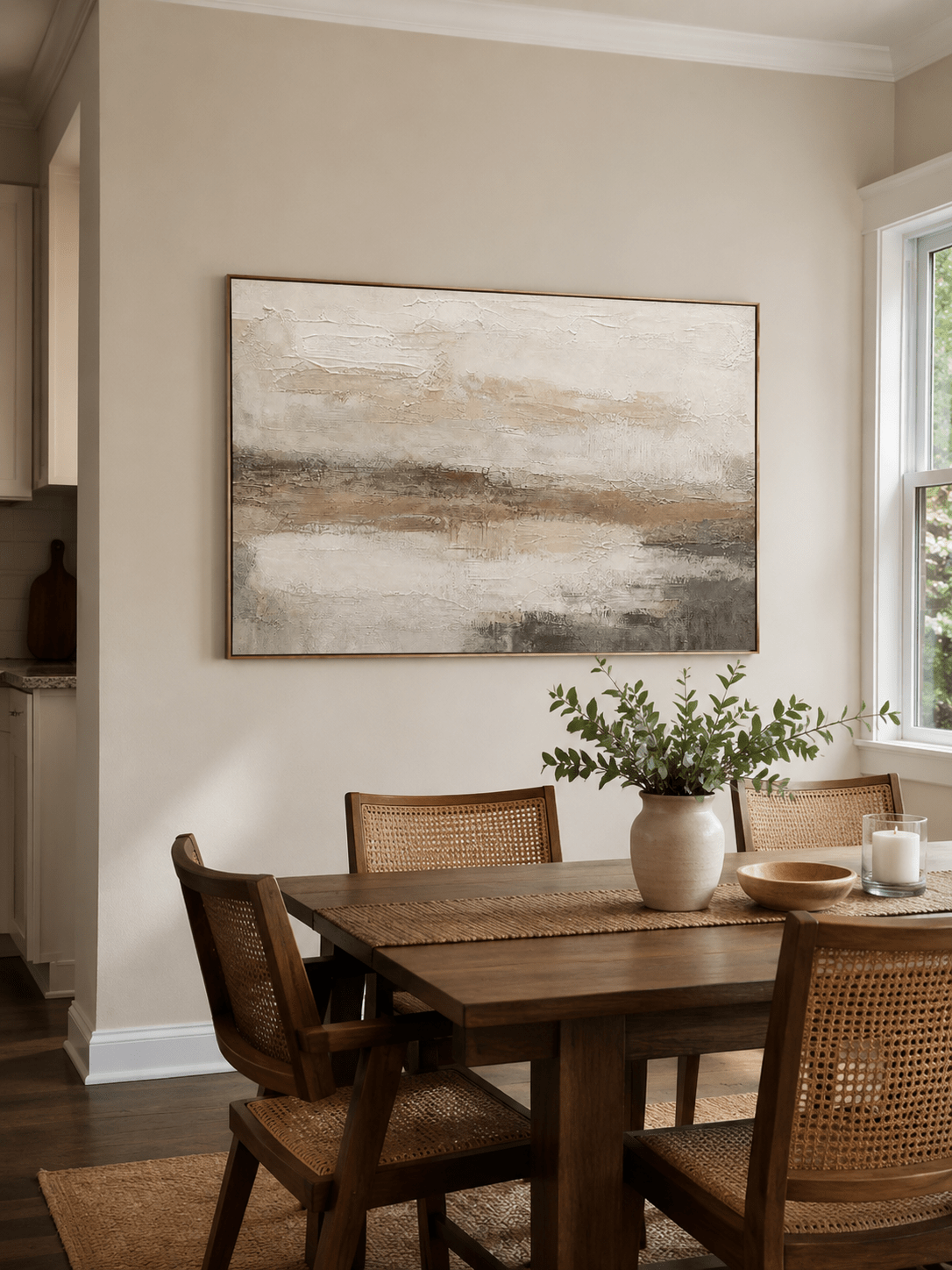 Neutral beige wall art with a misty grey horizon and layered texture