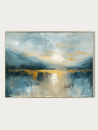 Hand-painted blue and gold abstract landscape wall art with misty mountains and lake reflections by Evelyn Li