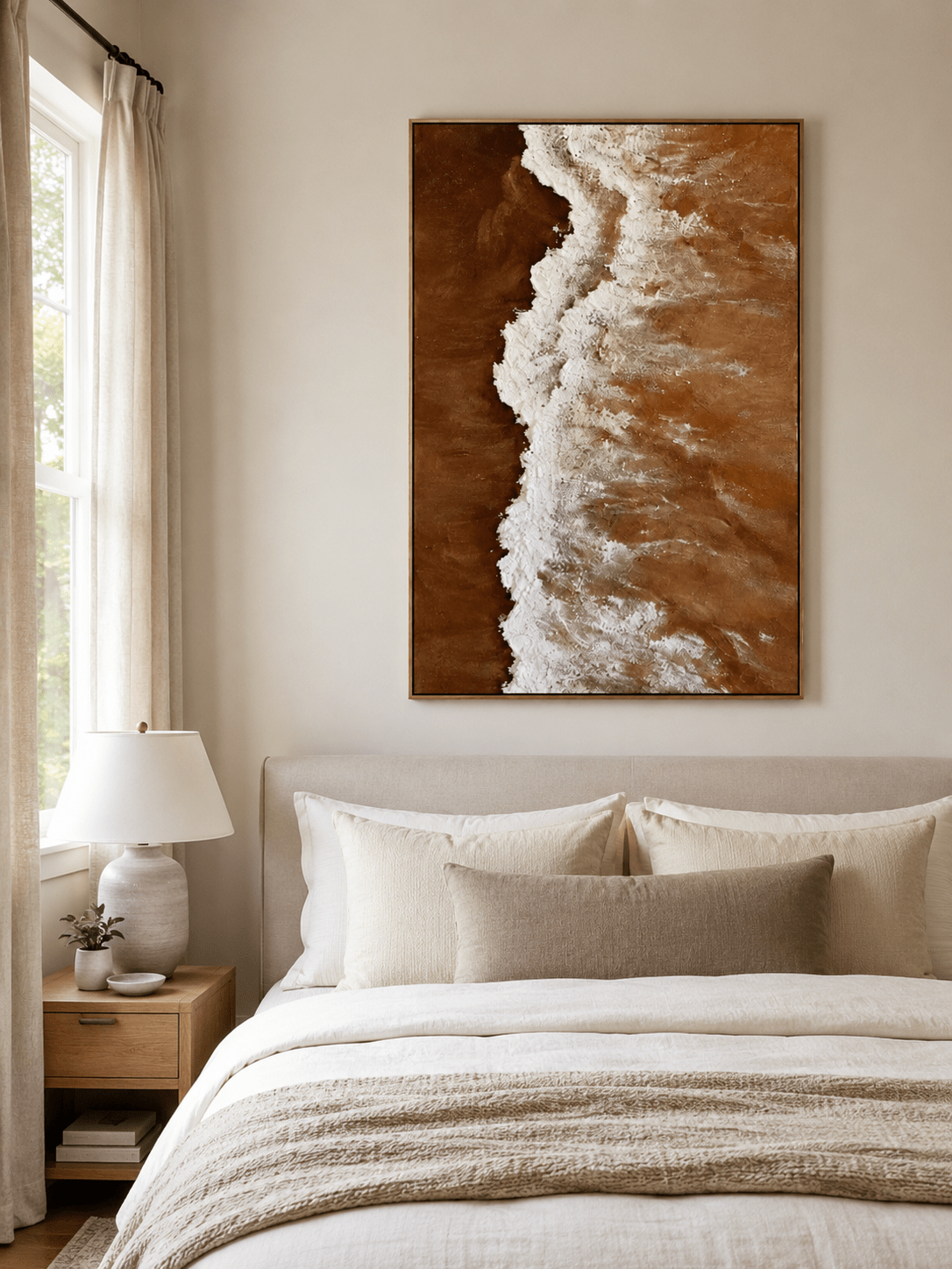 Abstract brown and white ocean painting with raised wave texture