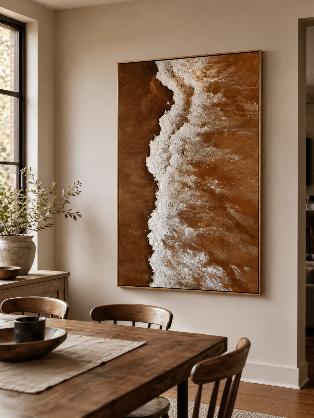 Aerial coastal wall art with terracotta shore and ivory sea foam