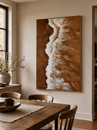 Aerial coastal wall art with terracotta shore and ivory sea foam